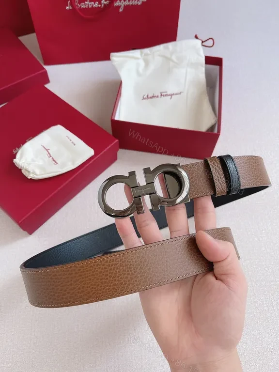 View 4 of Taupe Pebbled Leather Belt with Gancini Buckle - Ferragamo Style