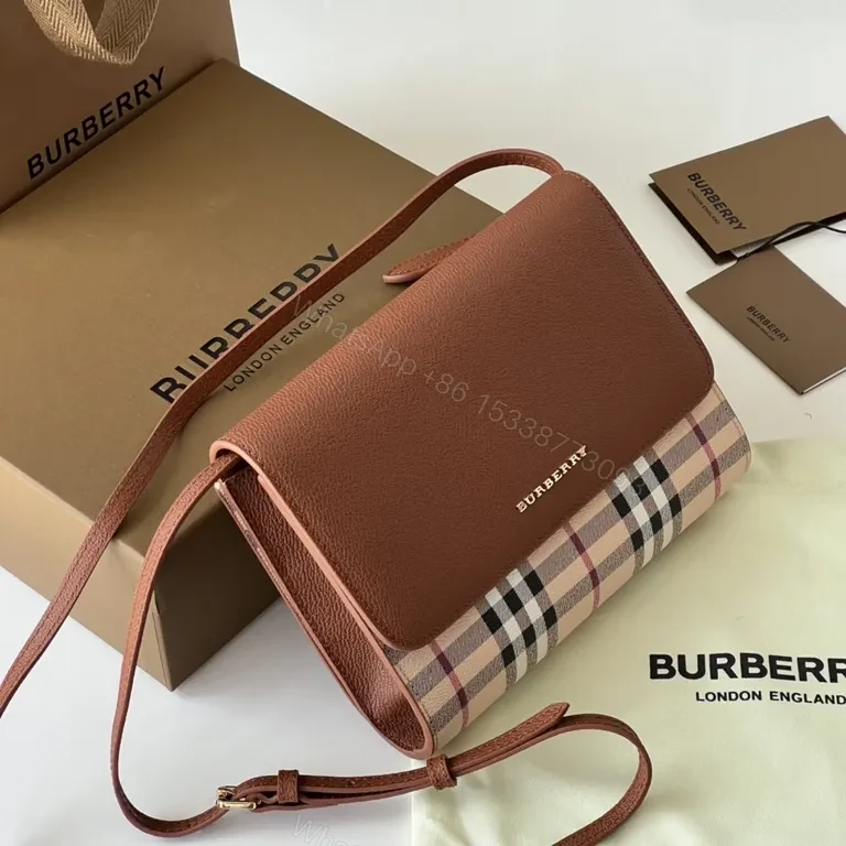 View 7 of Burberry Plaid Crossbody Bag - Cognac Leather, Signature Check