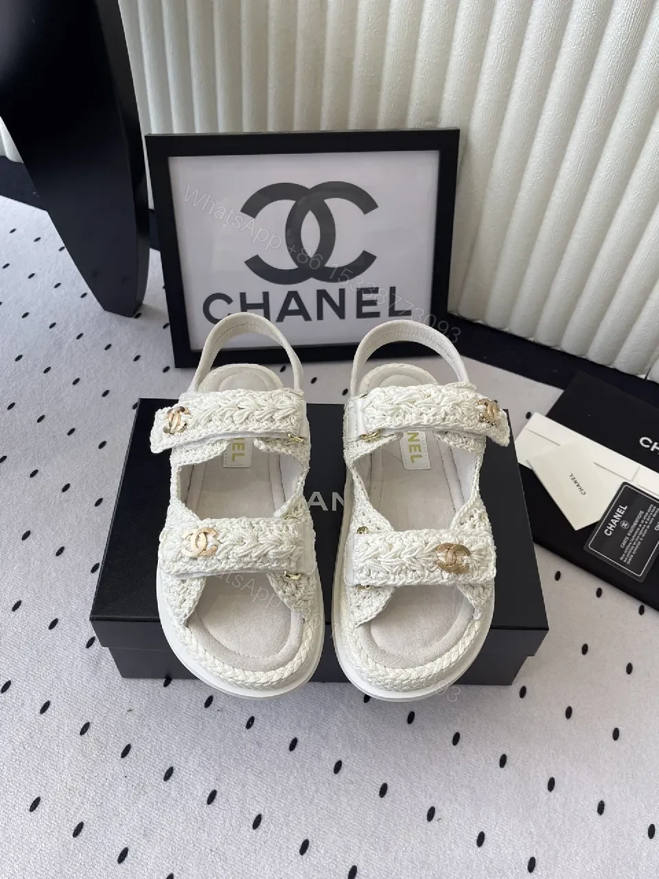 Ivory Knit Sandals with Gold Logo - Couture-Style Comfort — view 1