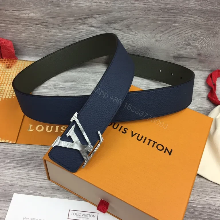 View 3 of Olive Pebble Leather Belt with Silver LV Buckle (Premium)