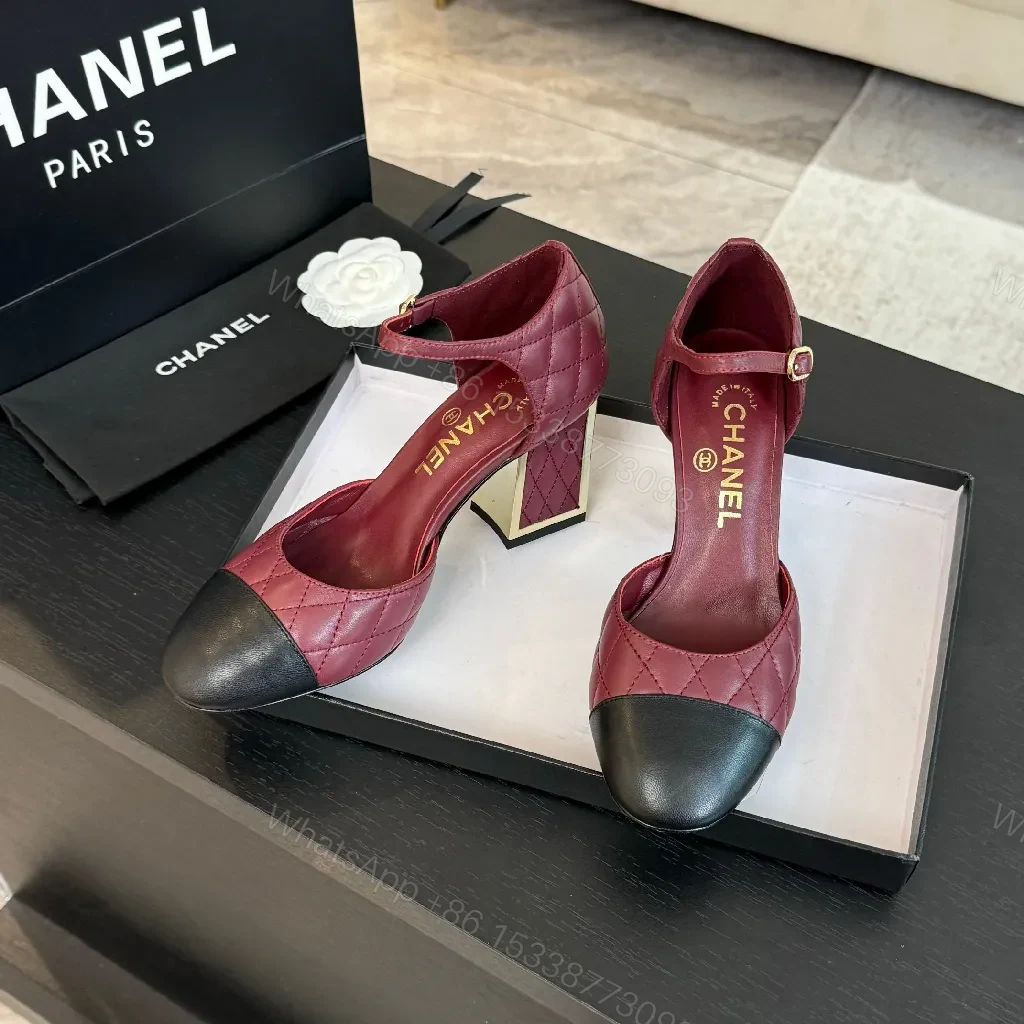 View 7 of Two-Tone Burgundy Quilted Mary Jane Heels with Black Cap Toe