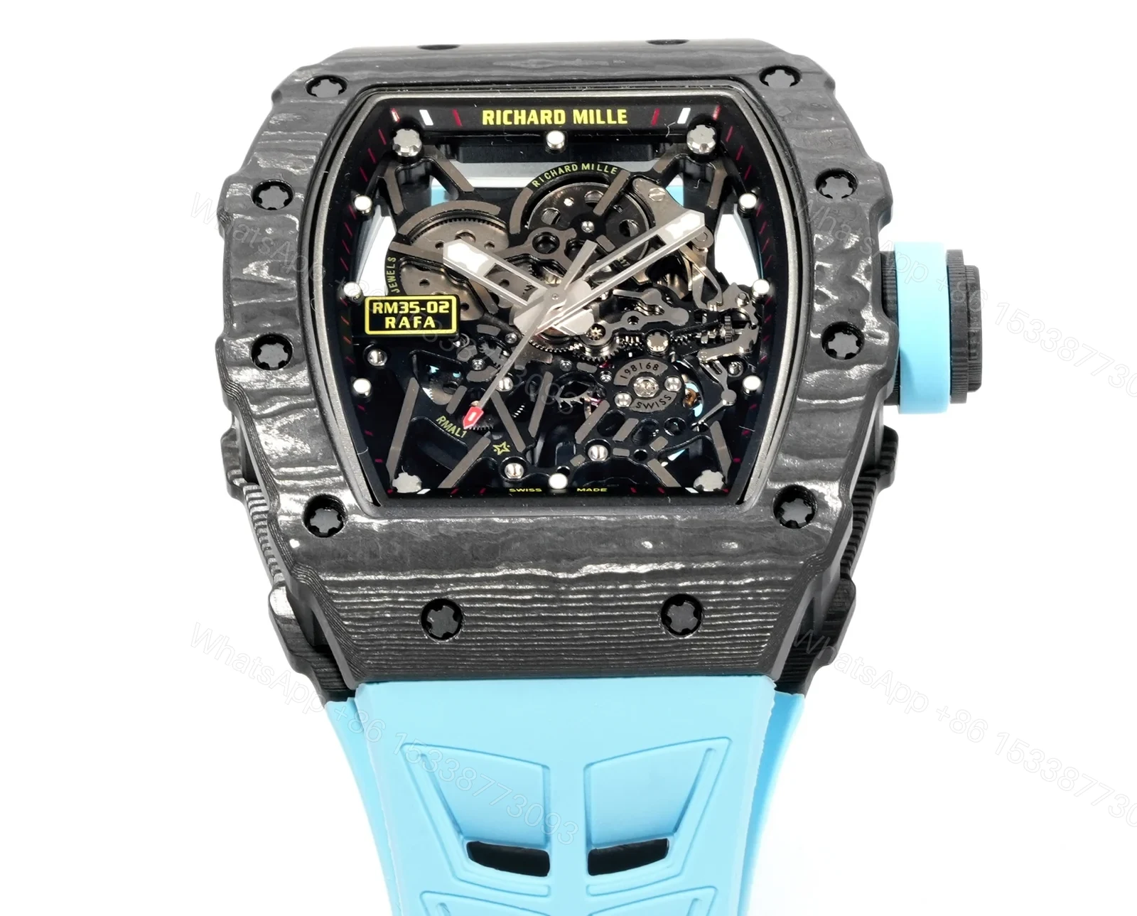 View 3 of Richard Mille RM35-02 Rafael Nadal Automatic Skeleton Watch NTPT Carbon Fiber Blue Strap Black Red Track Dial RMAL1 Movement Premium Edition RM35-02-RN-BLU-NT55