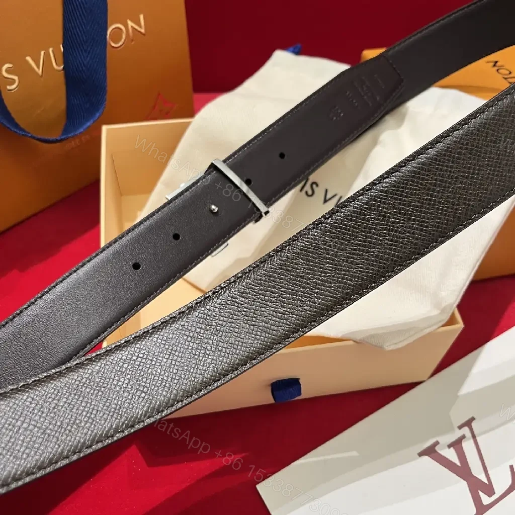 View 8 of Lux Black Leather Belt with LV Hardware - Elegant Daily Wear