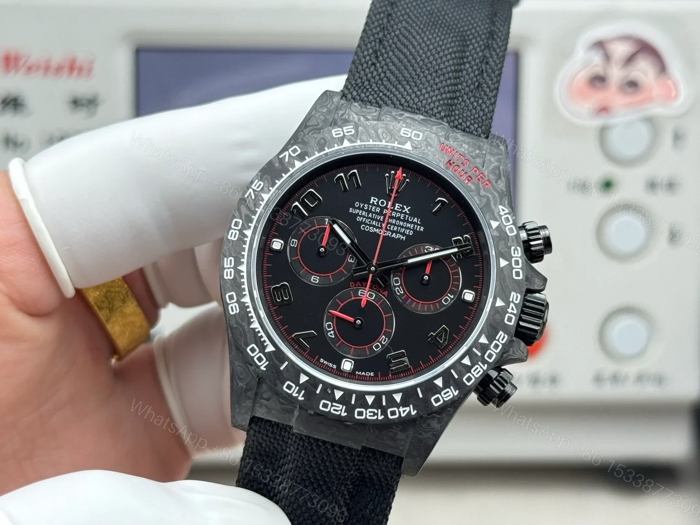 View 3 of Rolex Daytona Carbon Fiber Black Red Replica 40MM Premium Black Fabric Strap R74-BLACK-RED