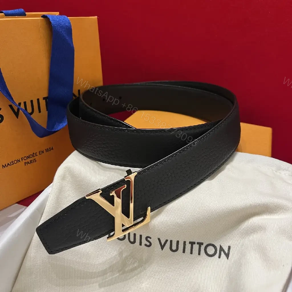 View 4 of Black Leather Pebbled Belt with Bold Silver LV Buckle