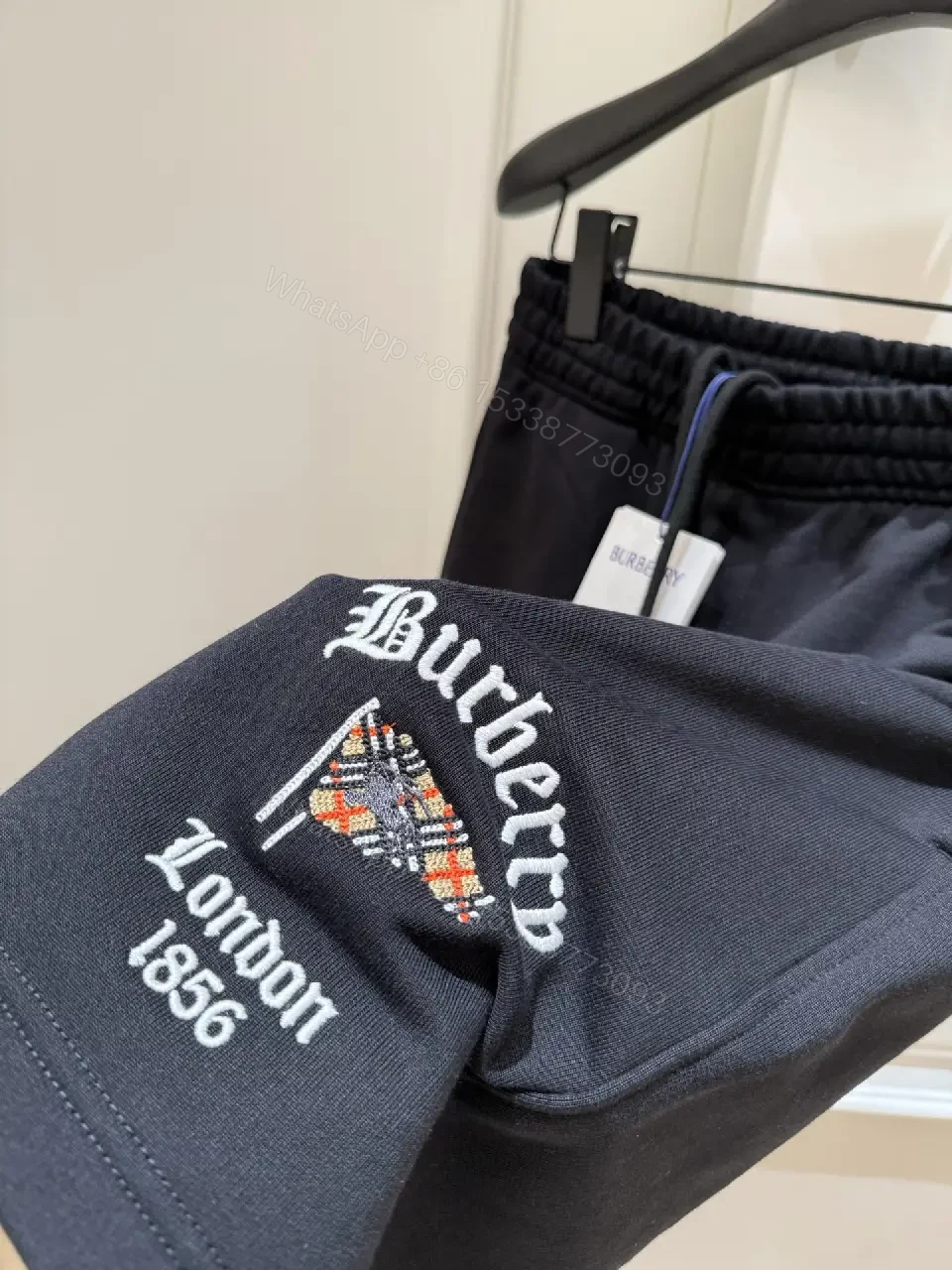 View 6 of Black Nylon Sweatshorts Drawstring Burberry Style Logo Embroidery Shorts