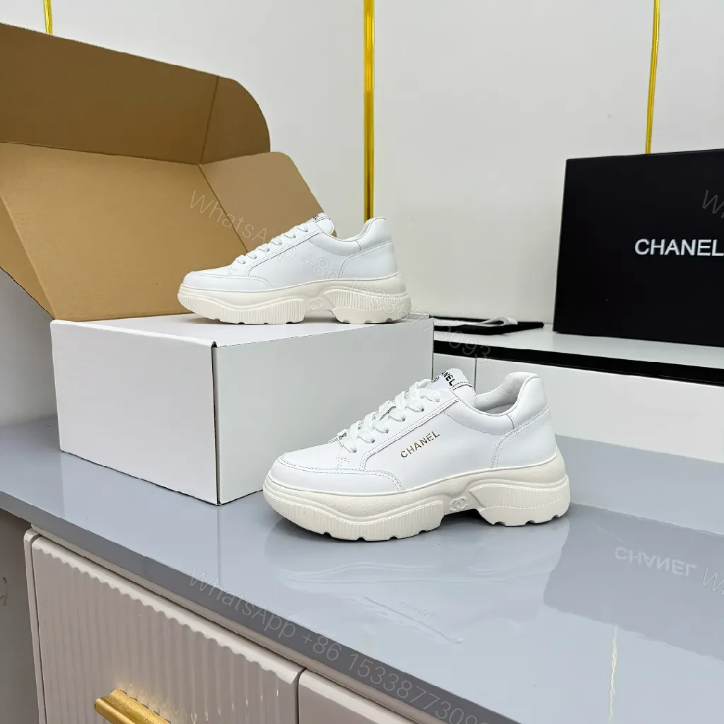 View 5 of White Leather Platform Sneaker with Subtle Chanel-Inspired Detail