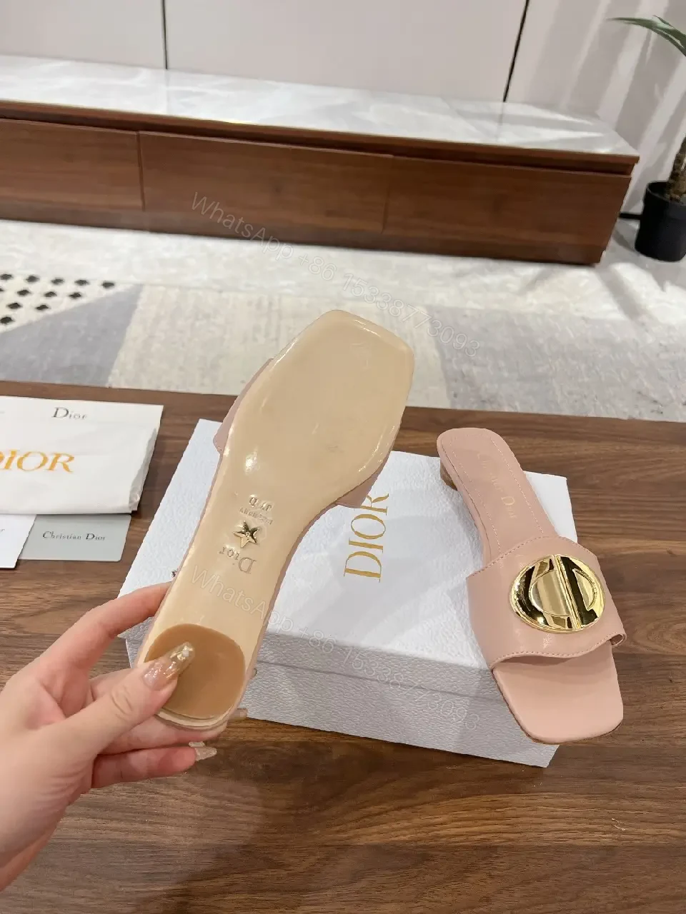 View 4 of Blush Pink Leather Modern Gold Logo Dior Slides