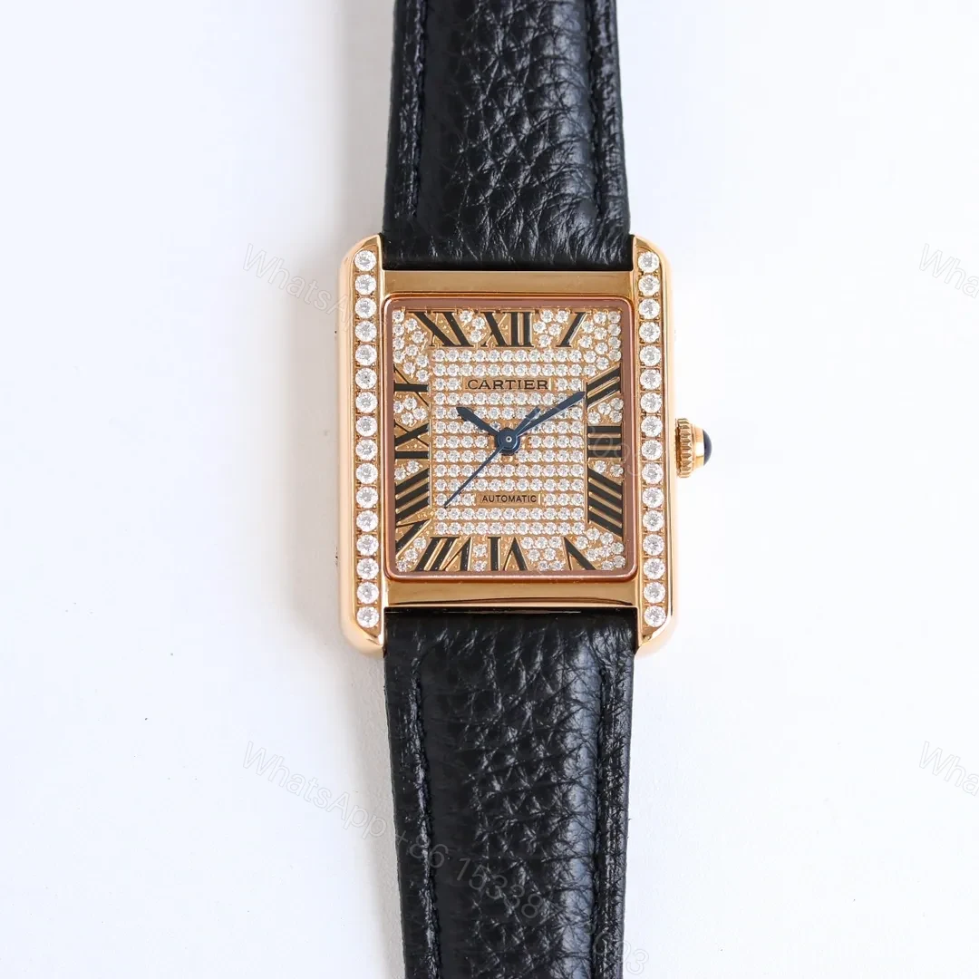 KOR Factory Cartier Tank MK3 Women’s Automatic Mechanical Watch – Rose Gold with Diamond Bezel, Black Leather Strap — view 1