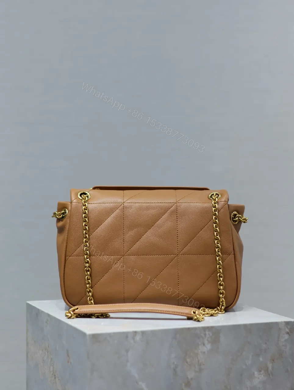 View 9 of Quilted Leather Camel Shoulder Bag with Gold Hardware