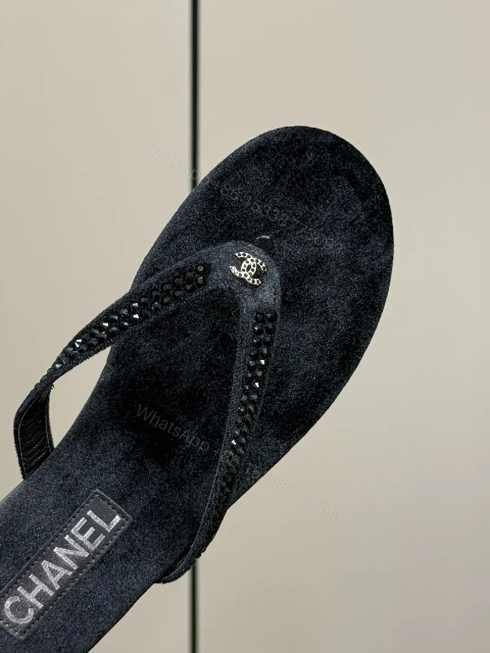 View 4 of Black Suede-Feel Thong Sandals with Crystal Straps - Luxe Casual Footwear