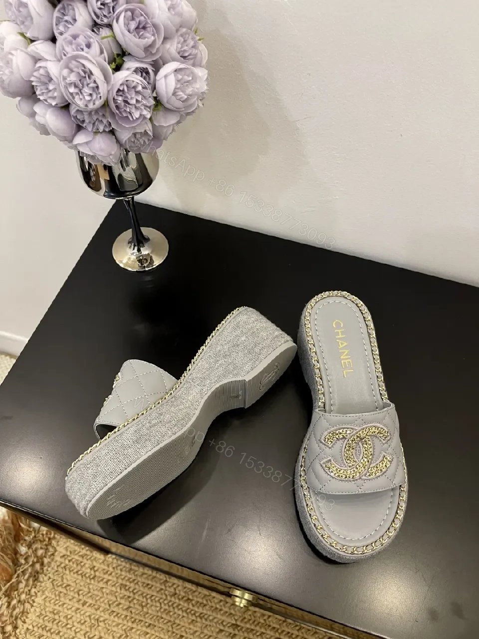 View 4 of Grey Leather Slip-On Sandals with Gold Chain Logo