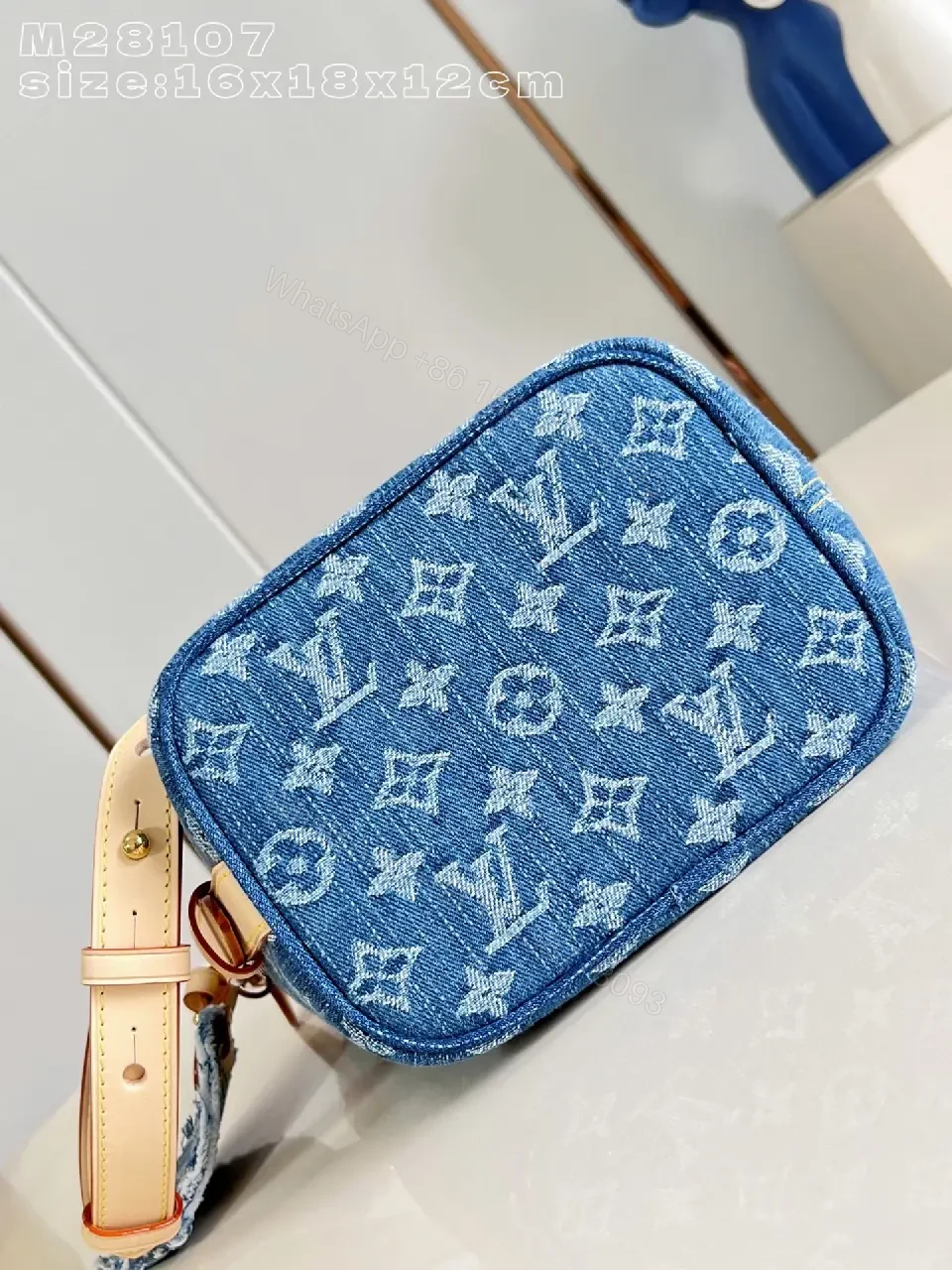View 4 of Denim Monogram Satchel: Structured, Two-Tone Leather Trim Bag