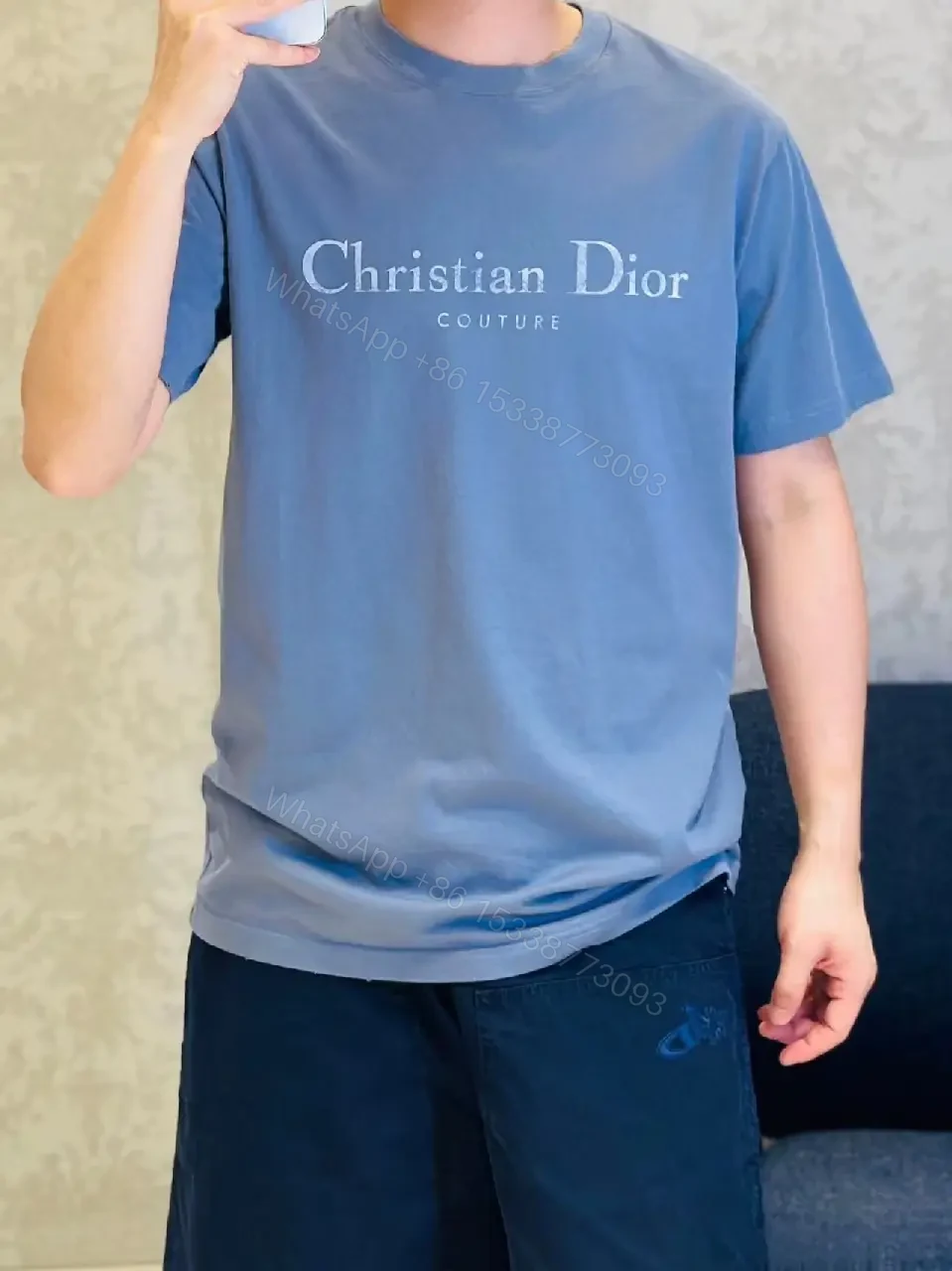 View 6 of Blue Cotton Blend Oversized Tee — Subtle Dior Logo, Luxe Streetwear