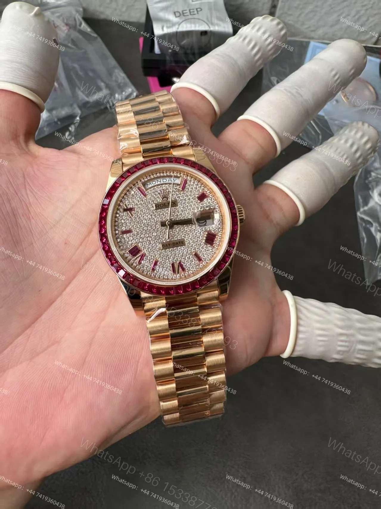 View 20 of Rolex Day-Date 228398TRU 1:1 Custom Edition Ruby & Moissanite Diamond Dial and Bezel 40MM 3255 Movement Super Clone Watch