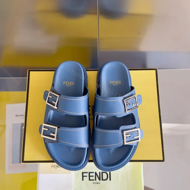 View 4 of Sky-Blue Fendi Leather Slide with Architectural Straps