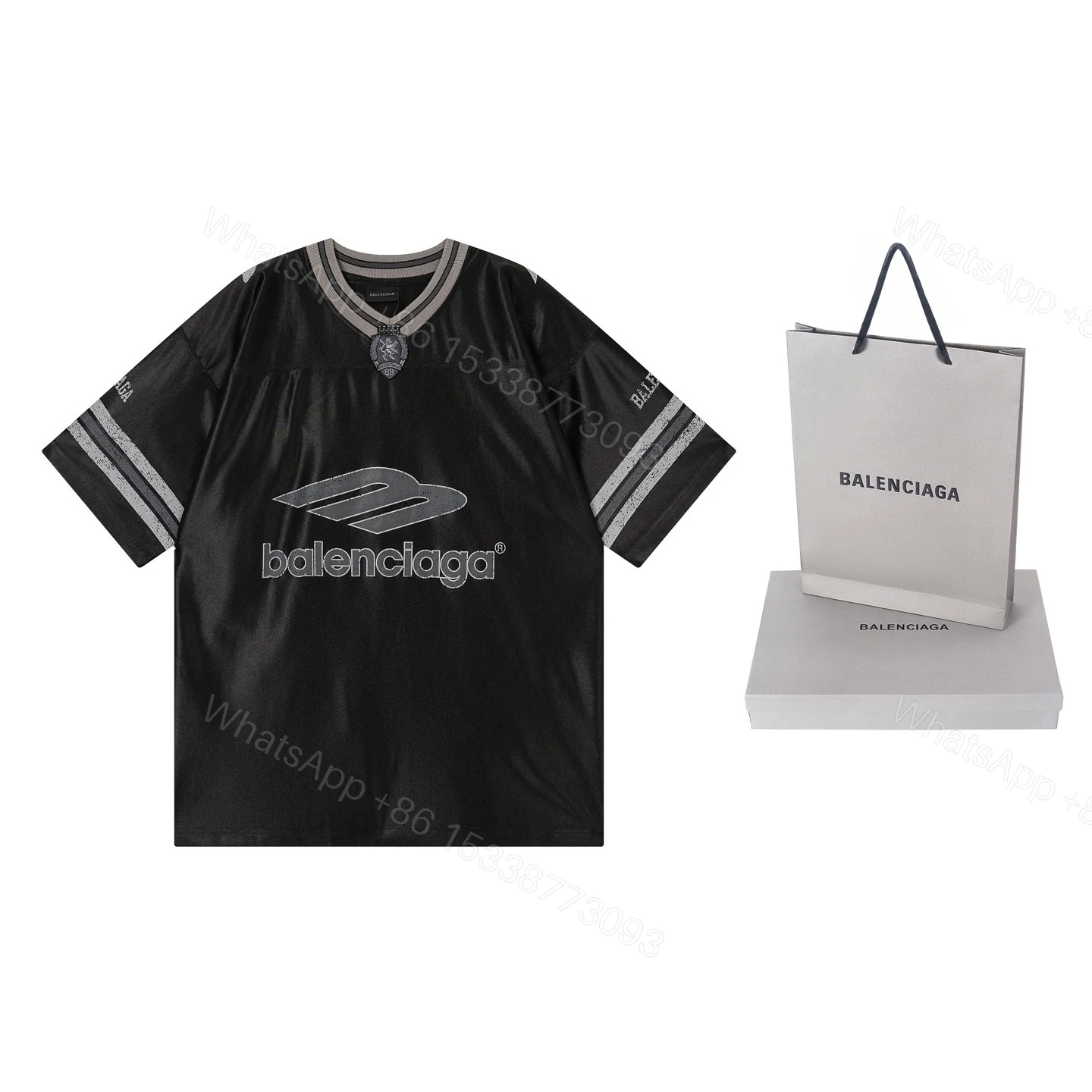 View 8 of Balenciaga Clothes 3B Silhouette Ribbed V-neck Printed T-shirt Black/Blue/Gray
