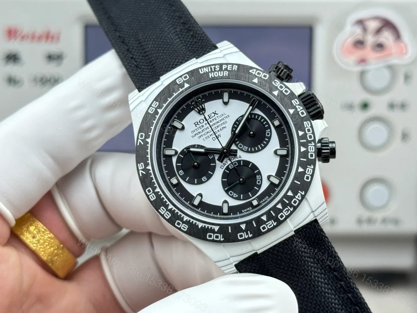 View 2 of Rolex Daytona Carbon Fiber Silver Panda Replica 40MM Premium Black Fabric Strap RG-ROLEX-DAYTONA-SILVER-PANDA