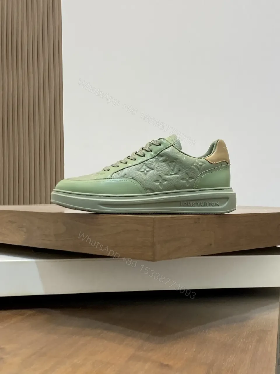 View 9 of Green Leather Sneaker: Subtle Monogram, All-Day Comfort, Modern Style