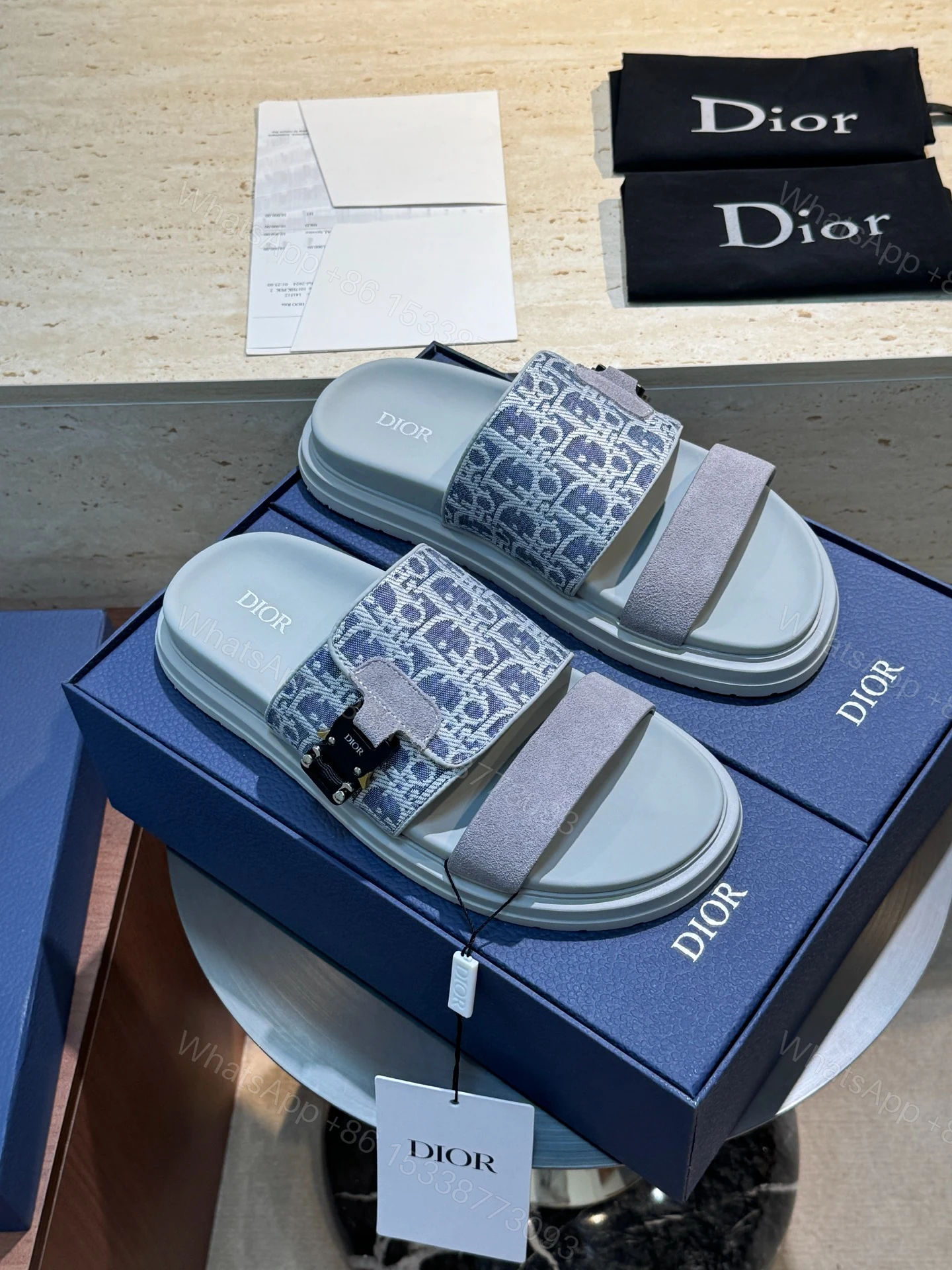 Dior 高仿 男款灰藍緹花拼接拖鞋 雙帶設計休閒潮流款 — view 1