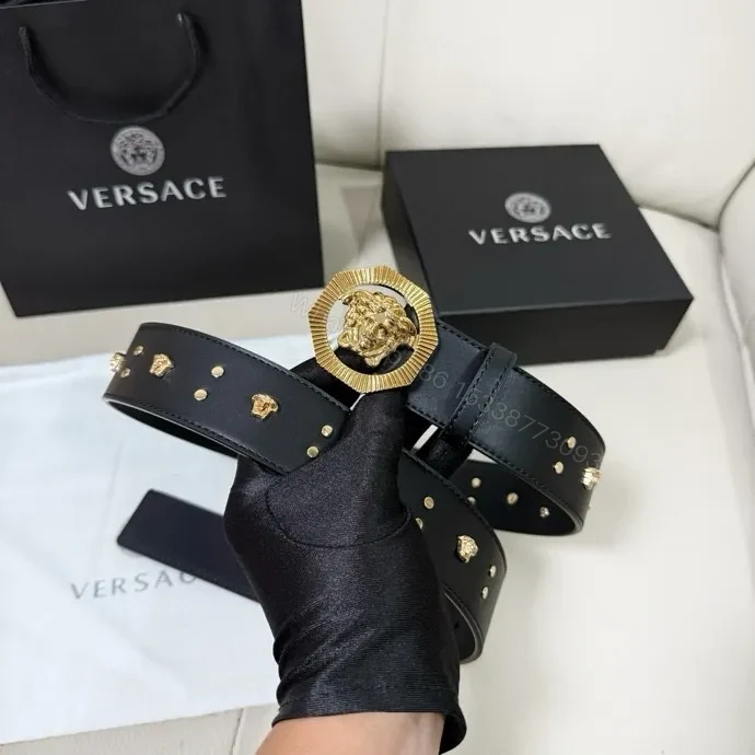 Gold Lion Buckle Belt - Black Leather, Studded, Designer-Inspired Style — view 1