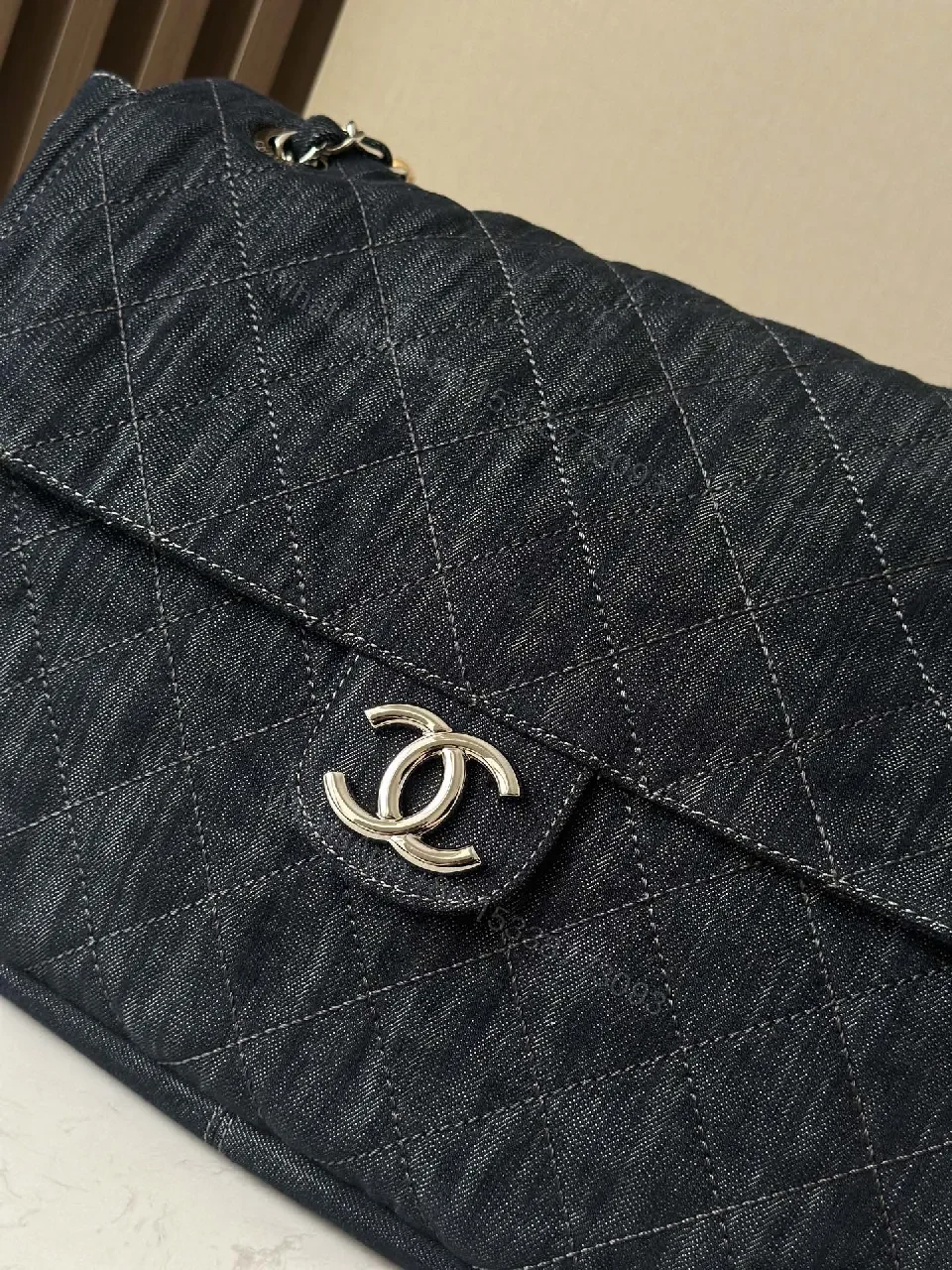View 3 of Denim-Textured Quilted Bag with Chain-Detail Handle