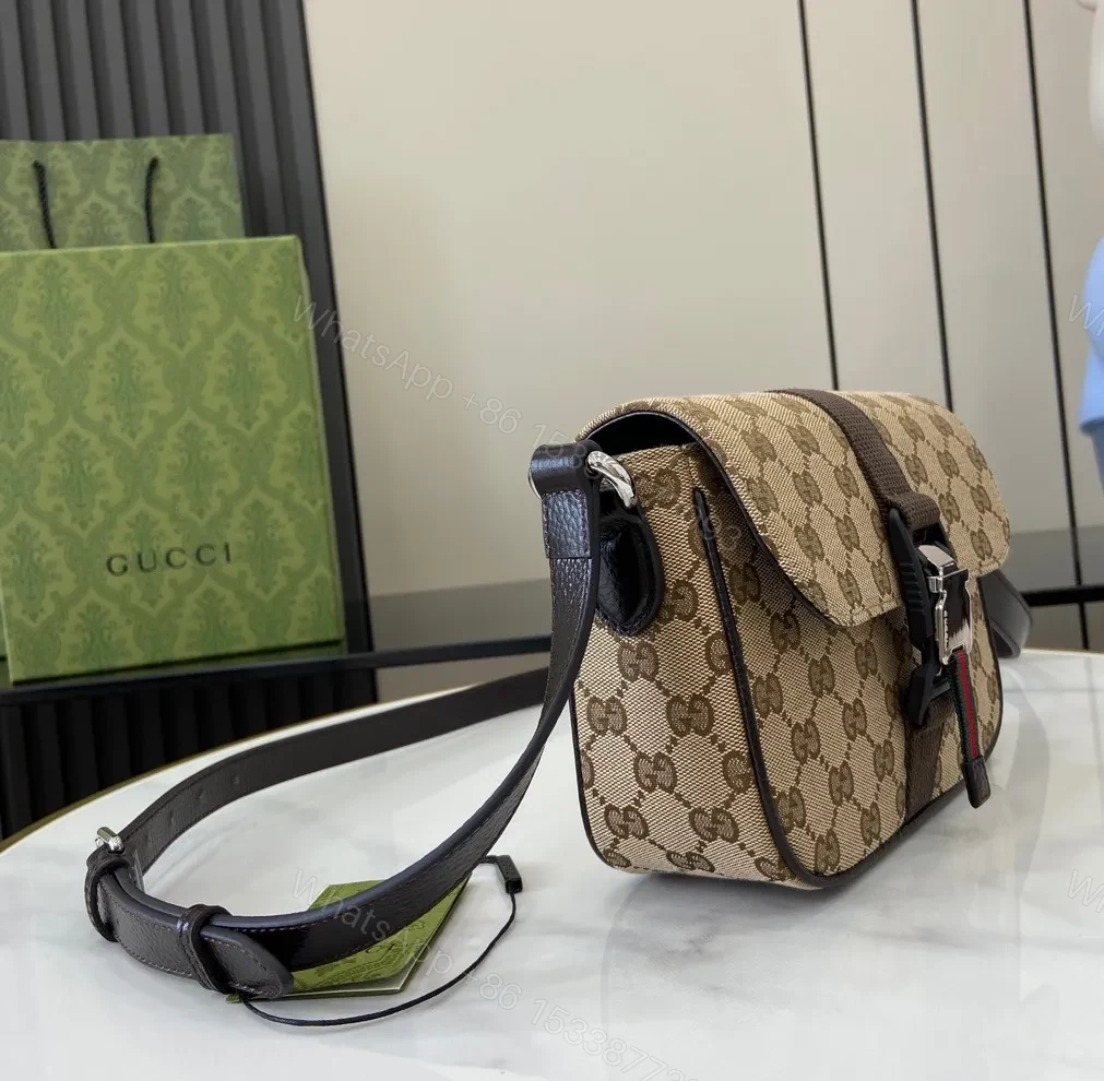 View 9 of Beige Canvas GG Messenger with Modern Webbed Strap
