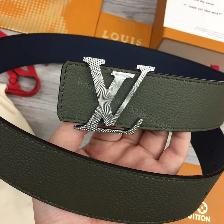 View 8 of Olive Pebble Leather Belt with Silver LV Buckle (Premium)