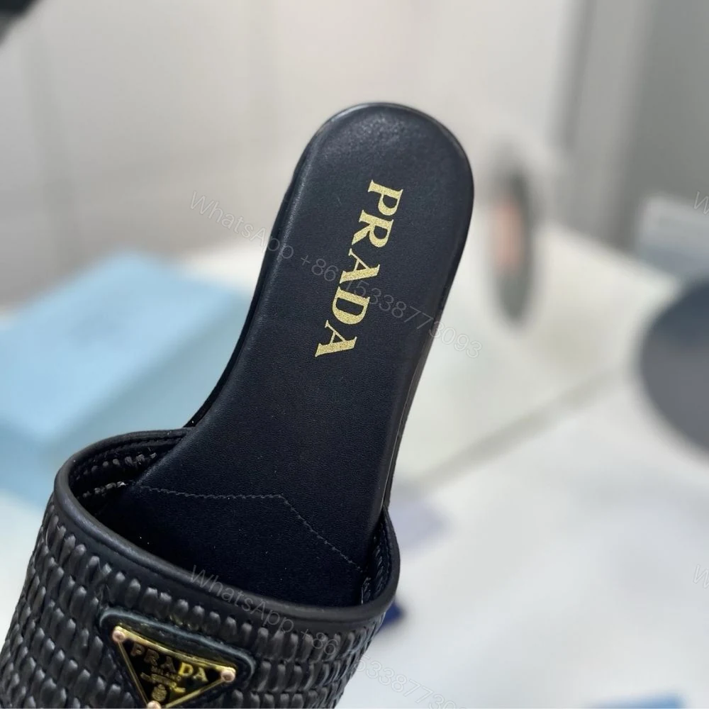 View 9 of Prada Leather Slides With Crochet Details Black
