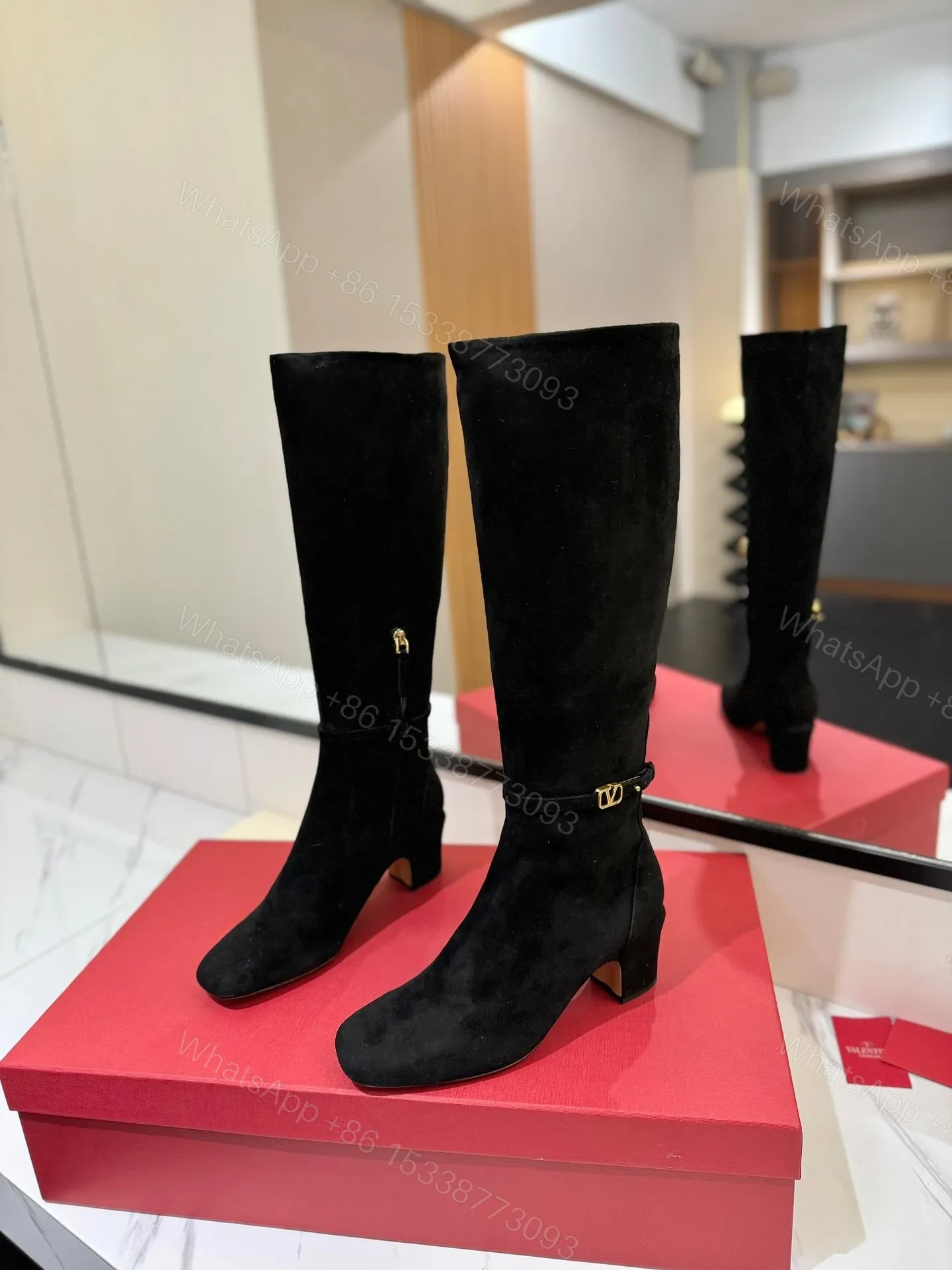 View 3 of Valentino Women Black Suede Mid Heel Boots