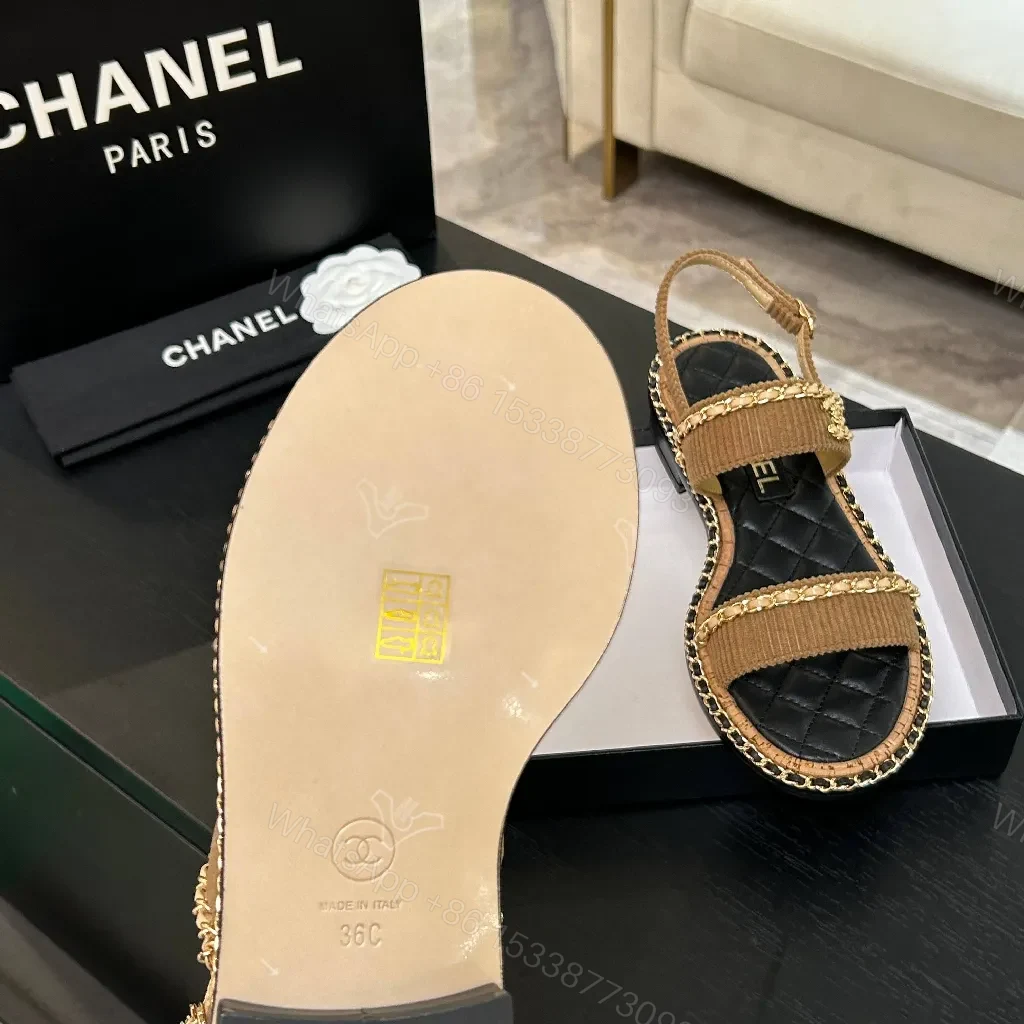 View 4 of Textured Sandals: Quilted Footbed, Gold Chain Detailing, Neutral Tan