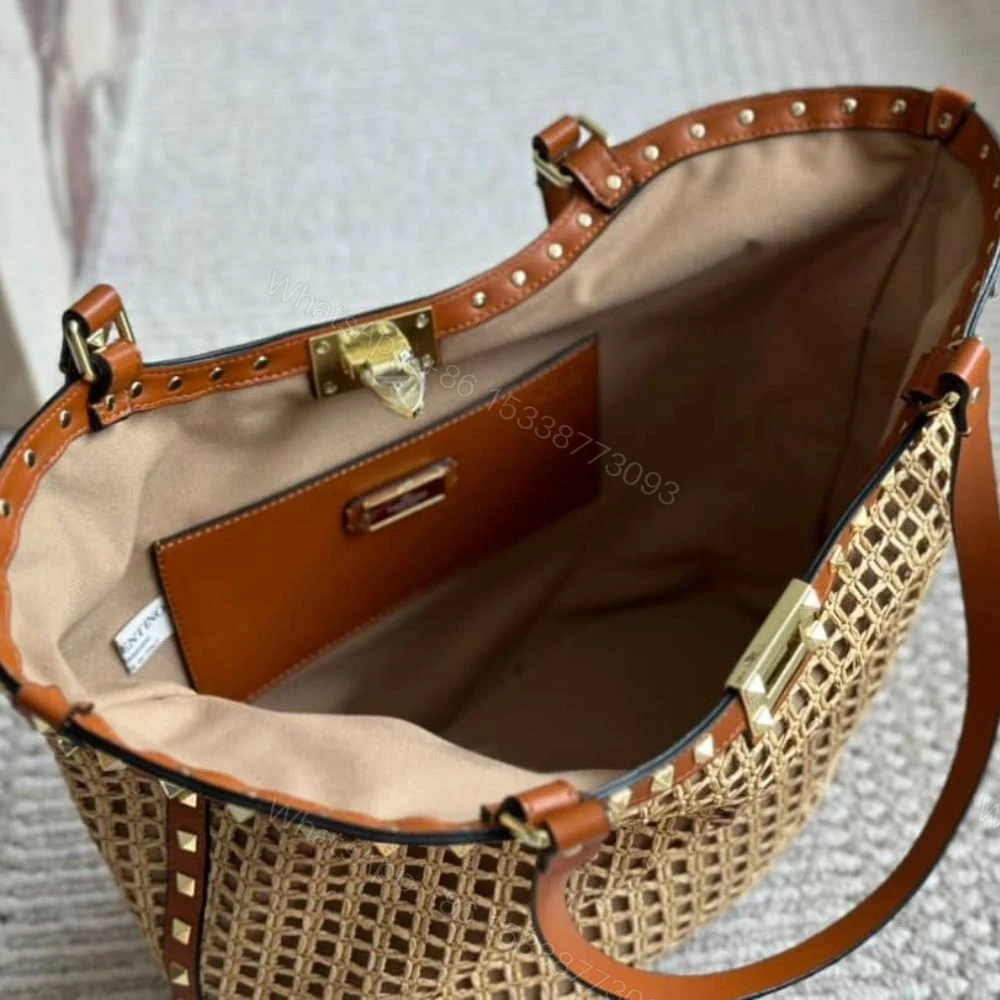 View 3 of Valentino Garavani Rockstud Raffia Tote Bag Brown 31cm