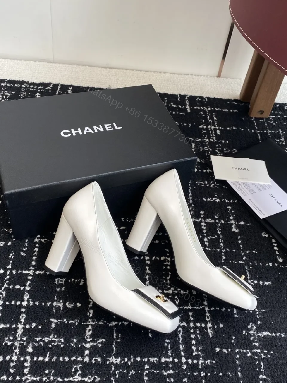 View 4 of White Leather Block-Heel Pumps with Gold Crest Accent
