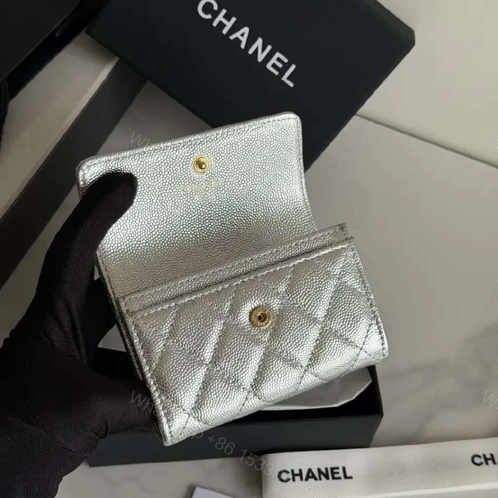 View 6 of Metallic Silver Leather Quilted Flap Wallet, Compact Bi-fold with Gold CC Logo