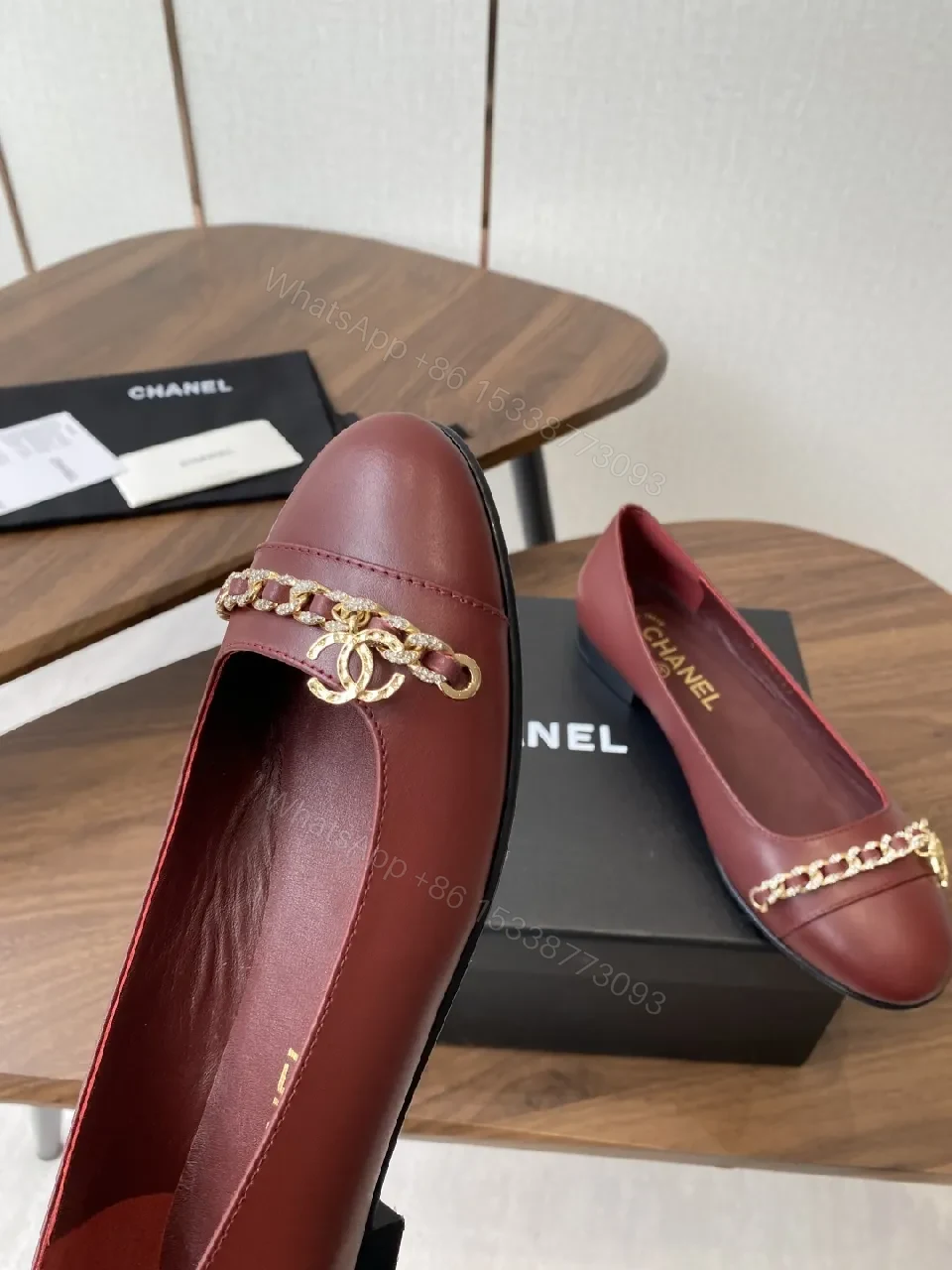 View 7 of Burgundy Leather Flats with Gold Chain Detail - Everyday Luxury