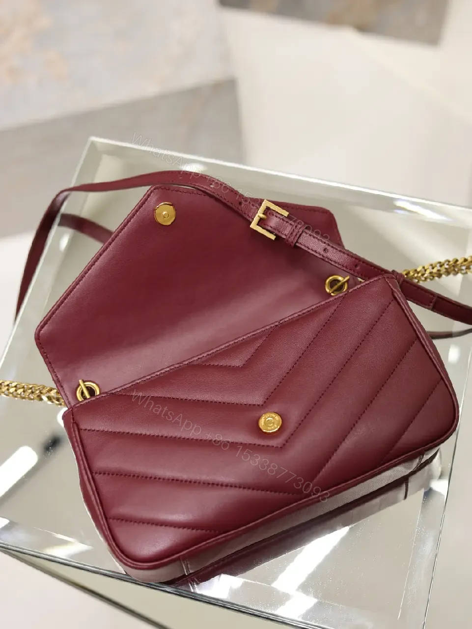 View 4 of Burgundy Leather Quilted Flap Bag with Gold YSL Clasp