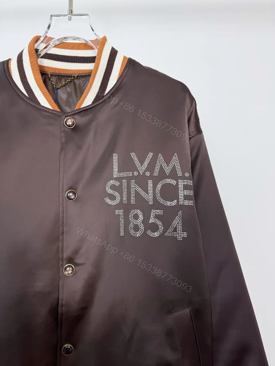 View 2 of Satin Varsity Jacket with Rhinestone Crest Trim