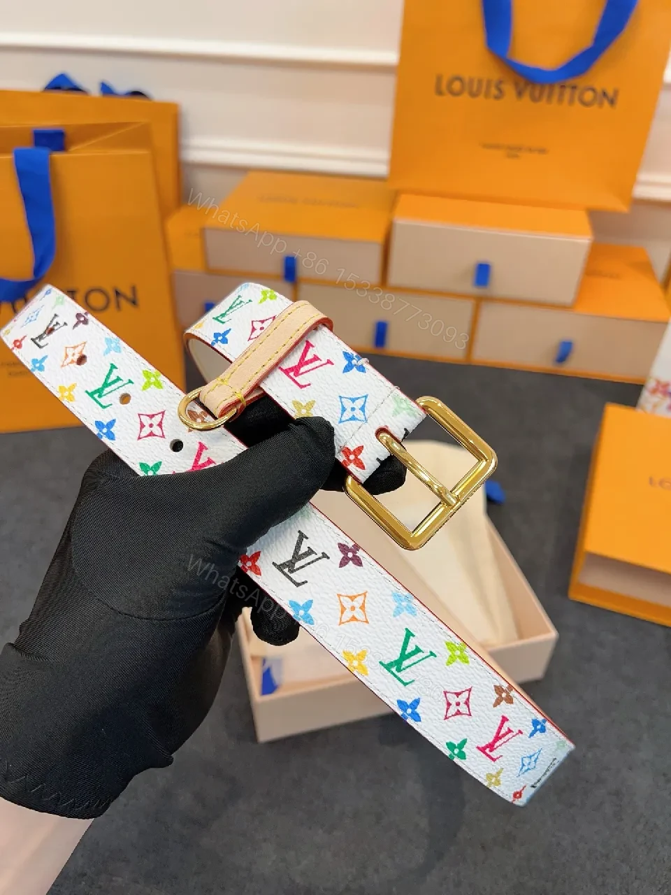 View 7 of Colorful Monogram Belt in Textured Leather with Gold Buckle