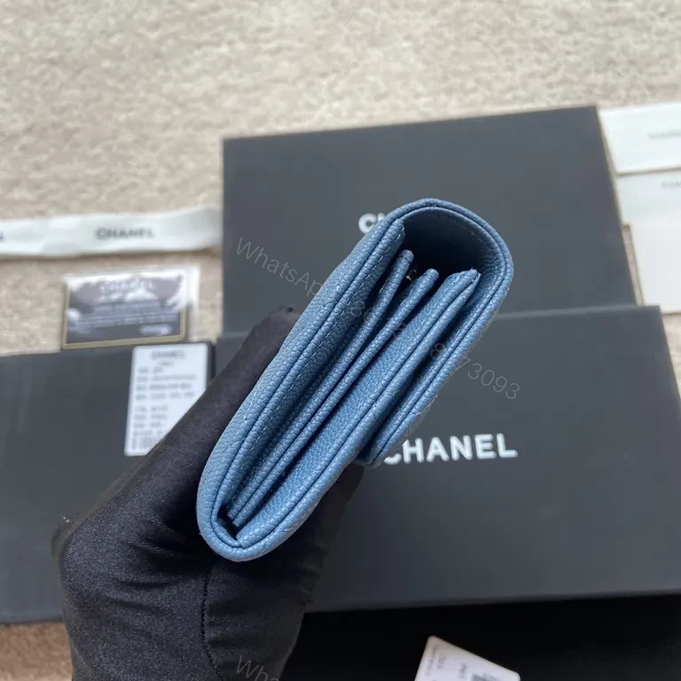 View 7 of Blue Quilted Denim Wallet: Chanel-Style, Gold Hardware, Compact Luxury