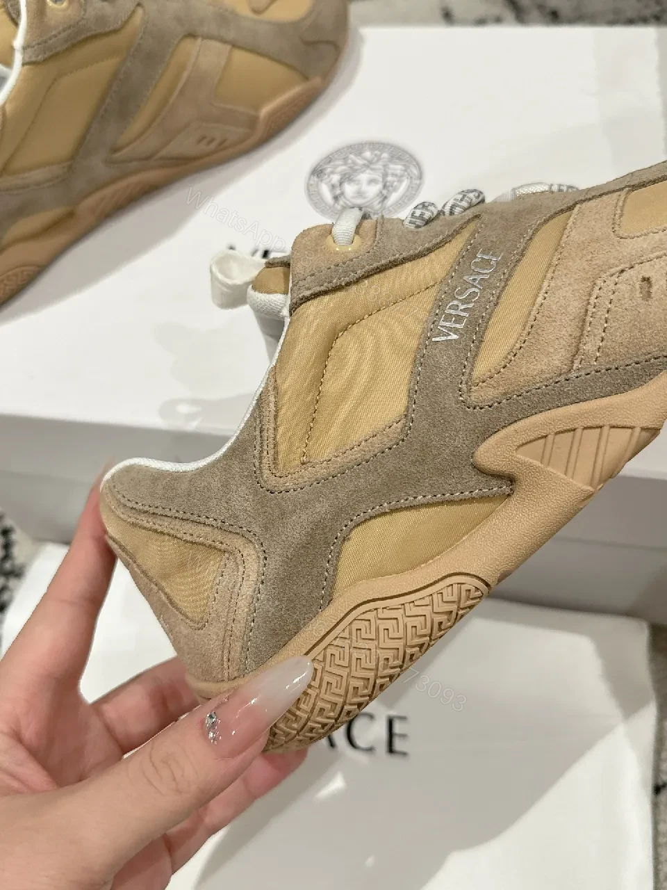 View 7 of Beige Suede-Mesh Low-Top Luxury Sneakers with Sculpted Details