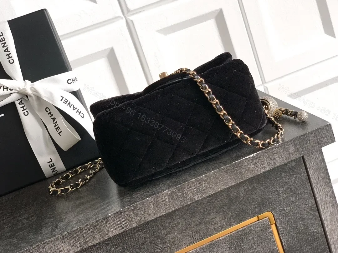 View 7 of Velvet Quilted Crossbody Bag with Gold Chain