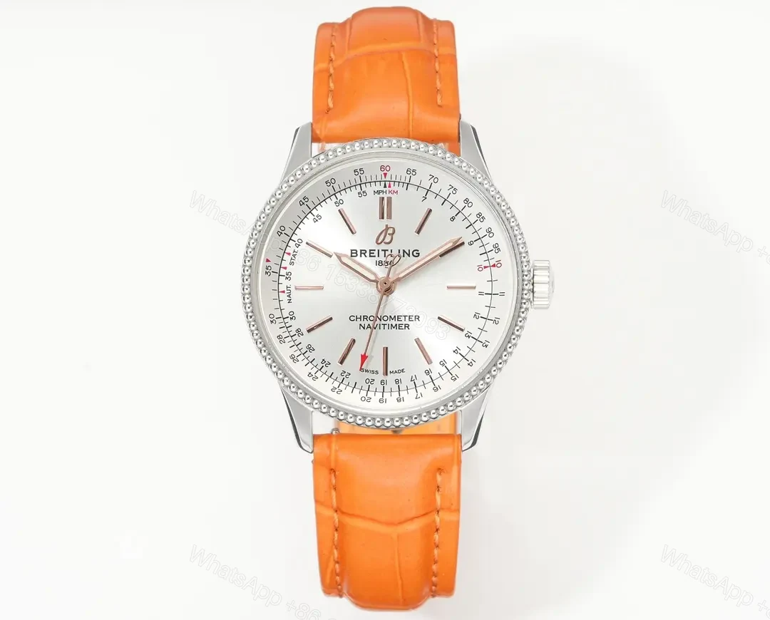 V9 Factory Breitling Women’s Navitimer Automatic Watch – Silver Dial, Orange Leather Strap, 35mm Stainless Steel Case — view 1
