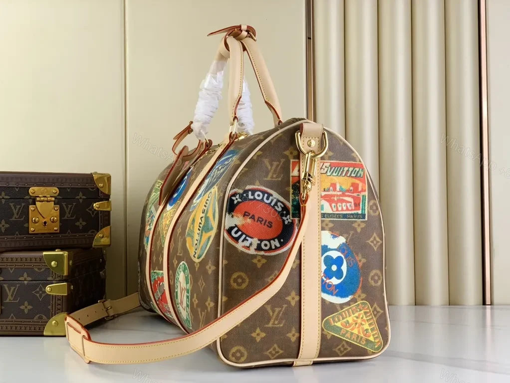 View 3 of Patchwork LV-Style Weekender: Luxury Travel Duffel with Patch Details
