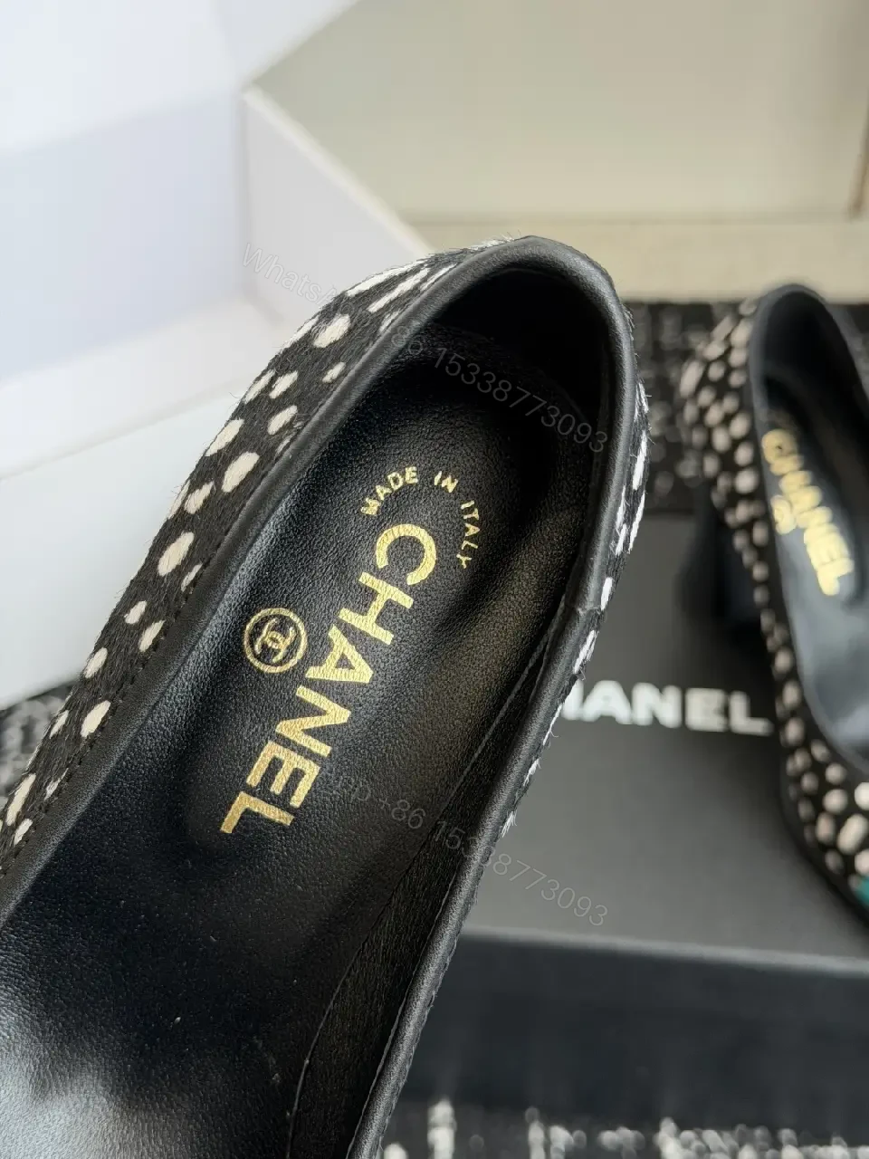 View 9 of Black/White Polka Dot Heels with Turquoise Cap Toe, Block Heel Style, Chanel-inspired, Pump