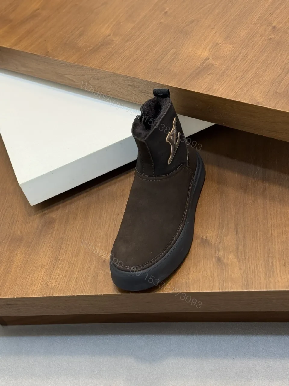 View 3 of Textured Suede Chelsea Boot with Monogram Accent, Shearling Interior