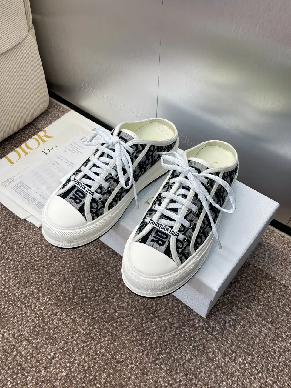 View 9 of Black & White Canvas Low-Top Sneakers, Christian Dior Style, Classic Feature