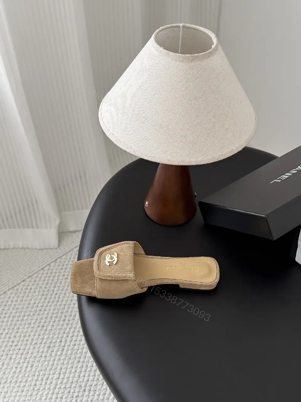 View 10 of Suede Mules with Gold Logo - Chic Luxury, Open-Back Style