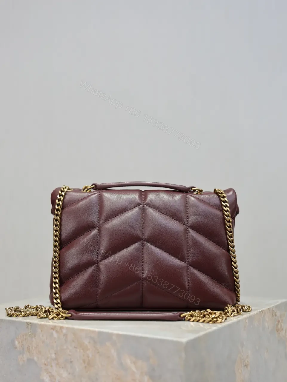 View 2 of Quilted Burgundy Leather Shoulder Bag with Gold Hardware