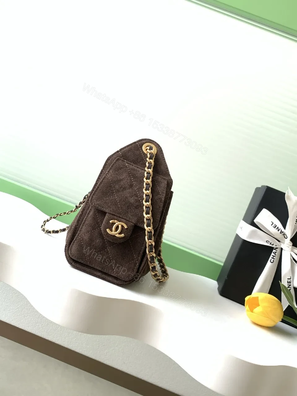 View 5 of Brown Velvet Quilted Shoulder Bag with Gold Chain