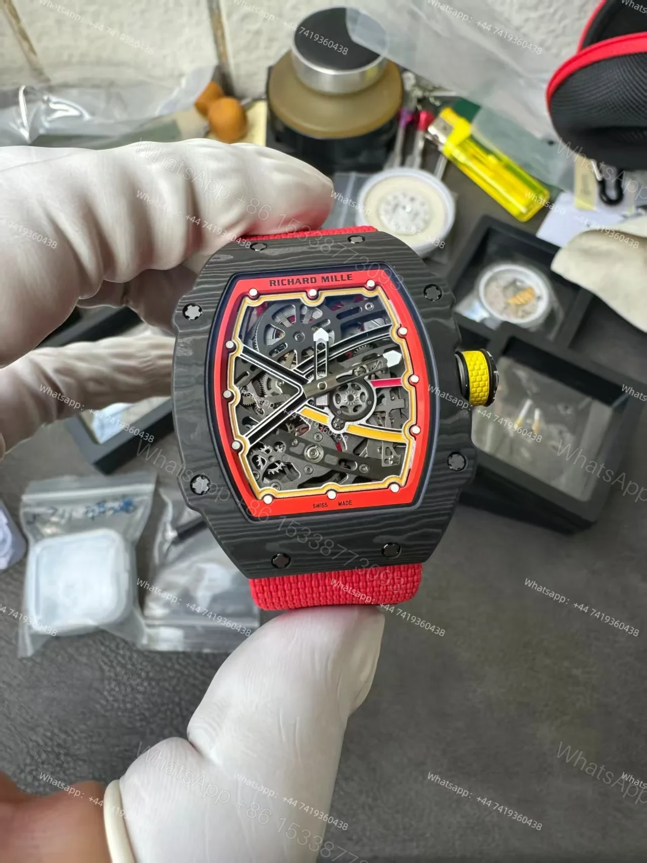 View 9 of Super Clone Richard Mille RM67-02 Carbon TPT Skeleton Tourbillon 1:1 Replica Watch with Red Strap